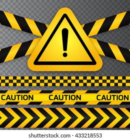 Black and yellow caution striped tapes with yellow hazard warning attention sign. Vector.