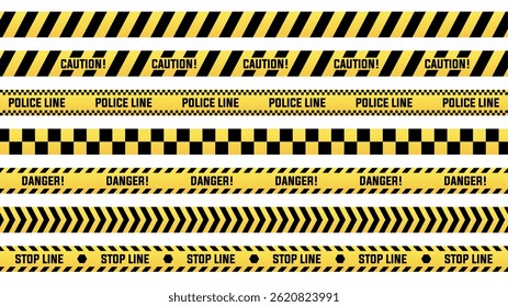 Ilustração de vetor de fitas de aviso e cuidado em preto e amarelo. Conjunto de fitas com precaução de segurança. Fitas de Aviso Amarelas. Listras abstratas para polícia, acidente, em construção. Fita de perigo. Sem emenda