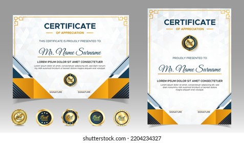 Black and yellow certificate of achievement border template with luxury badges and modern line pattern. For award, business, and education needs