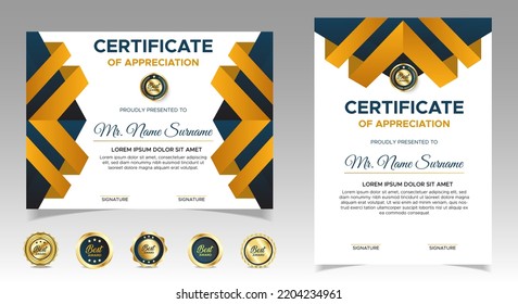Black and yellow certificate of achievement border template with luxury badges and modern line pattern. For award, business, and education needs
