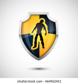 Black Yellow Checkered Style Vector Shield with danger zombie sign, protection concept