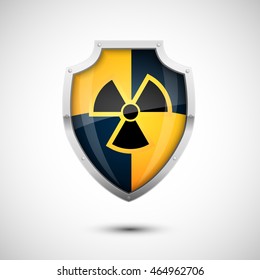 Black Yellow Checkered Style Vector Shield with danger radioactive sign, protection concept