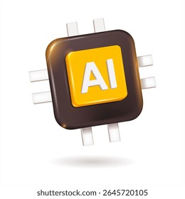 Black and yellow chip with a three-dimensional image of the word AI in a 3D realistic style, cartoon design, 3D plastic with glossy highlights.