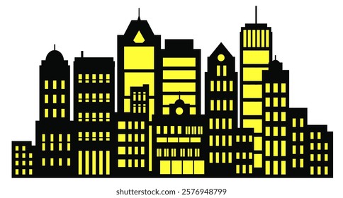 Black and yellow city skyline at night with illuminated windows suggesting a vibrant urban atmosphere