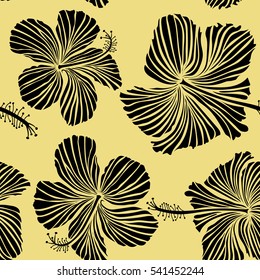 In black and yellow colors. Vector hand drawn painting of black and yellow hibiscus flowers.