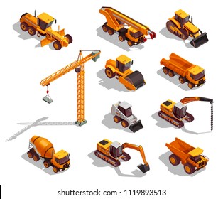 Black Yellow Construction Machinery For Road Works And Building Set Of Isometric Icons Isolated Vector Illustration