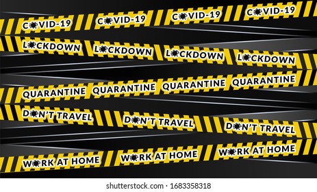 Black and Yellow Cross Police Line with Covid-19 Coronavirus warning sign. Illustration vector graphic of Abstract geometric background for education, prevention, stay home, social distancing