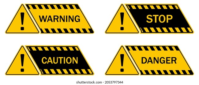 Black and Yellow Danger Warning Sign. Caution icon. Hazard stikcers with exclamation mark, attention icons, vector