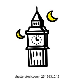 Black and yellow doodle art icon of a clock tower striking midnight for New Year’s Eve