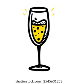 Black and yellow doodle art icon of champagne glass for festive New Year toasts