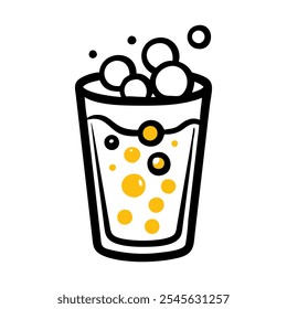 Black and yellow doodle art icon of a glass with rising bubbles, ideal for festive New Year's toasts