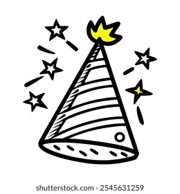 Black and yellow doodle icon of a party hat, perfect for New Year's festivities