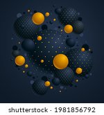 Black and yellow dotted spheres vector illustration, abstract background with beautiful balls with dots, 3D globes design concept art.