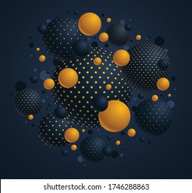 Schwarz-gelbe, gepunktete Kugeln, Vektorgrafik, abstrakter Hintergrund mit schönen Bälle mit Punkten, 3D-Globes Design Concept Art.