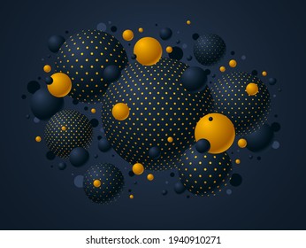 Black and yellow dotted spheres vector illustration, abstract background with beautiful balls with dots, 3D globes design concept art.