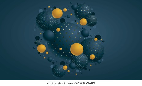 Esferas punteadas negras y amarillas Ilustración vectorial, fondo abstracto con hermosas bolas con puntos, globos 3D diseño arte conceptual.