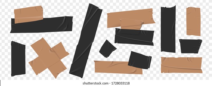 Black and yellow duct tape set. Torn tape. Vector realistic wrinkled stripes and cross glued sticky adhesive masking tape pieces. Isolated on transparent background