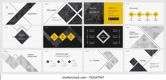 Elementos negros y amarillos para infografías sobre fondo blanco. Plantillas de presentación. Uso en la presentación, volante y folleto, informe corporativo, marketing, publicidad, informe anual, banner.