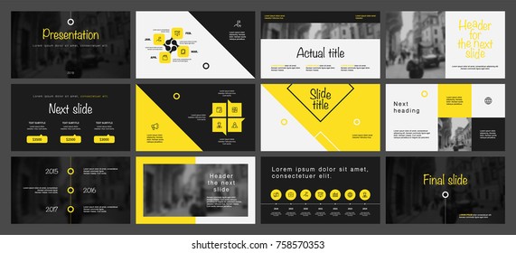 Black And Yellow Elements On A White Background. This Template Is The Best As A Business Presentation, Used In Marketing And Advertising, The Annual Report, Flyer And Banner