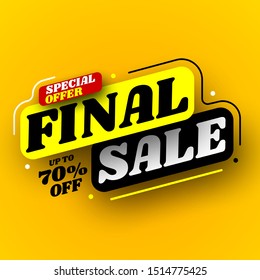 Black and yellow final sale banner, special offer up to 70% off. Vector illustration.