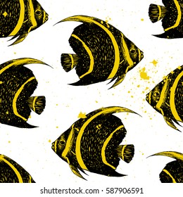 Black and yellow fishes. Ocean inhabitants. Seamless texture. It can be used for textile, cloth, fabric, tile, backgrounds, wallpapers, covers, wrapping or your design.