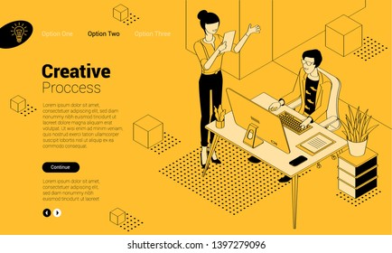 Schwarz-gelbe flache Design isometrische Vektorgrafik der Geschäftskommunikation in modernen Büros. Trendy Color Template für Teamwork und Workflow für Präsentation, Website und App Design.
