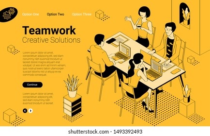 Black and yellow flat design isometric vector illustration of business communication in modern office. Trendy color template for teamwork and workflow for presentation, website and app design.