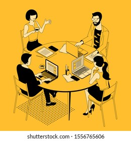 Black and yellow flat design isometric vector illustration of business communication in modern office. Trendy color template for teamwork and workflow for presentation, website and app design.