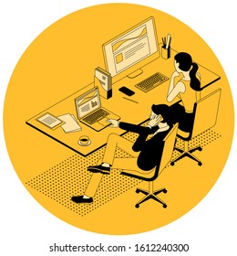 Black and yellow flat design isometric vector illustration of business communication in modern office. Trendy color template for teamwork and workflow for presentation, website and app design.