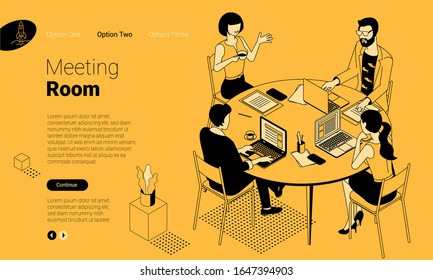 Black and yellow flat design isometric vector illustration of business communication in modern office. Trendy color template for teamwork and workflow for presentation, website and app design.