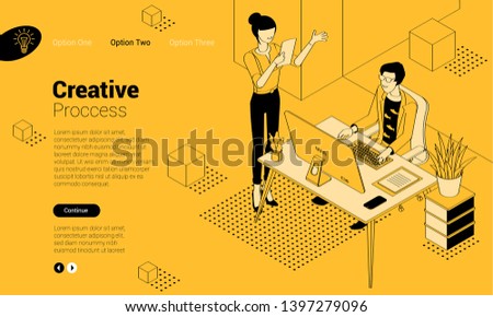 Black and yellow flat design isometric vector illustration of business communication in modern office. Trendy color template for teamwork and workflow for presentation, website and app design.
