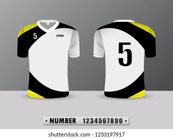 Black and yellow football club t-shirt sport design template. Front and back view. Vector Illustration EPS10.