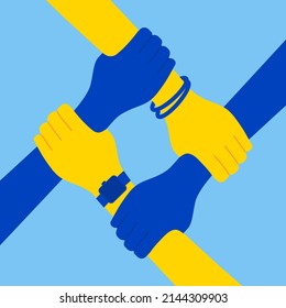 Black And Yellow Four Hands Holding Each Other. Ukrainian Community Illustration. Ukrainians Strong Together Concept. Vector Illustration