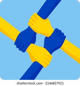 Black And Yellow Four Hands Holding Each Other. Ukrainian Community Illustration. Ukrainians Strong Together Concept. Blue Sky Background. Vector Illustration