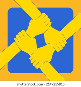 Black And Yellow Four Hands Holding Each Other. Ukrainian Community Illustration. Ukrainians Strong Together Concept. Vector Illustration