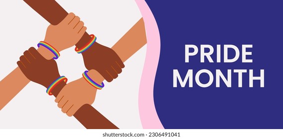 Black and yellow four hands wearing rainbow bracelets holding each other. Pride Month banner. LGBT community concept. LGBT cooperation, union or connection. Vector illustration