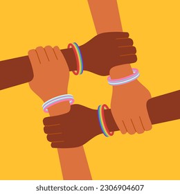 Black and yellow four hands wearing rainbow bracelets holding each other. LGBT community concept. LGBT cooperation, union or connection. Vector illustration