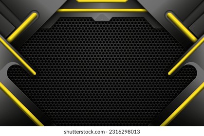 Fondo de banner de juego negro y amarillo, tecnología abstracta malla metálica fondo oscuro