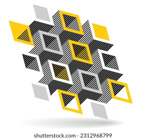 Black and yellow geometric vector abstract background with cubes and shapes, isometric 3D abstraction art displaying city buildings forms look like, op art optical illusion.