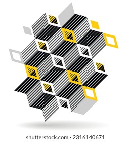 Black and yellow geometric vector abstract background with cubes and shapes, isometric 3D abstraction art displaying city buildings forms look like, op art optical illusion.