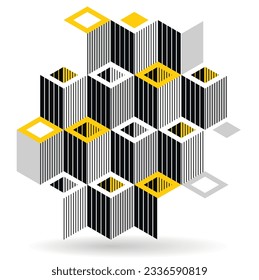 Black and yellow geometric vector abstract background with cubes and shapes, isometric 3D abstraction art displaying city buildings forms look like, op art optical illusion.