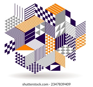 Black and yellow geometric vector abstract background with cubes and shapes, isometric 3D abstraction art displaying city buildings forms look like, op art optical illusion.