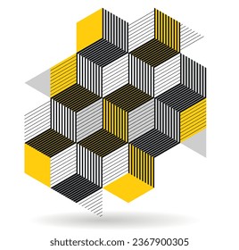 Black and yellow geometric vector abstract background with cubes and shapes, isometric 3D abstraction art displaying city buildings forms look like, op art optical illusion.