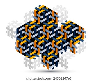 Black and yellow geometric vector abstract background with cubes and shapes, isometric 3D abstraction art displaying city buildings forms look like, op art optical illusion.