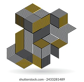 Black and yellow geometric vector abstract background with cubes and shapes, isometric 3D abstraction art displaying city buildings forms look like, op art optical illusion.