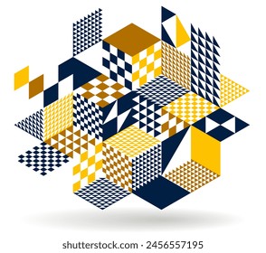 Black and yellow geometric vector abstract background with cubes and shapes, isometric 3D abstraction art displaying city buildings forms look like, op art optical illusion.