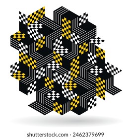 Black and yellow geometric vector abstract background with cubes and shapes, isometric 3D abstraction art displaying city buildings forms look like, op art optical illusion.