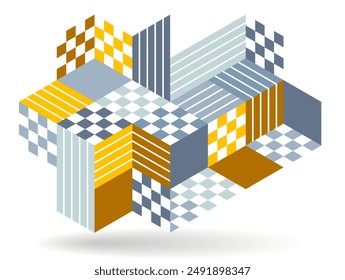 Black and yellow geometric vector abstract background with cubes and shapes, isometric 3D abstraction art displaying city buildings forms look like, op art optical illusion.