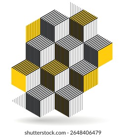 Black and yellow geometric vector abstract background with cubes and shapes, isometric 3D abstraction art displaying city buildings forms look like, op art optical illusion.