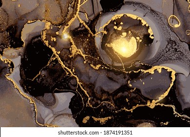 Black, Yellow And Gold Geode. Marble Abstract Pattern. Alcohol Ink Technique Stone Texture. Vector Background. Modern Paint With Glitter. Banner, Poster Design Template.